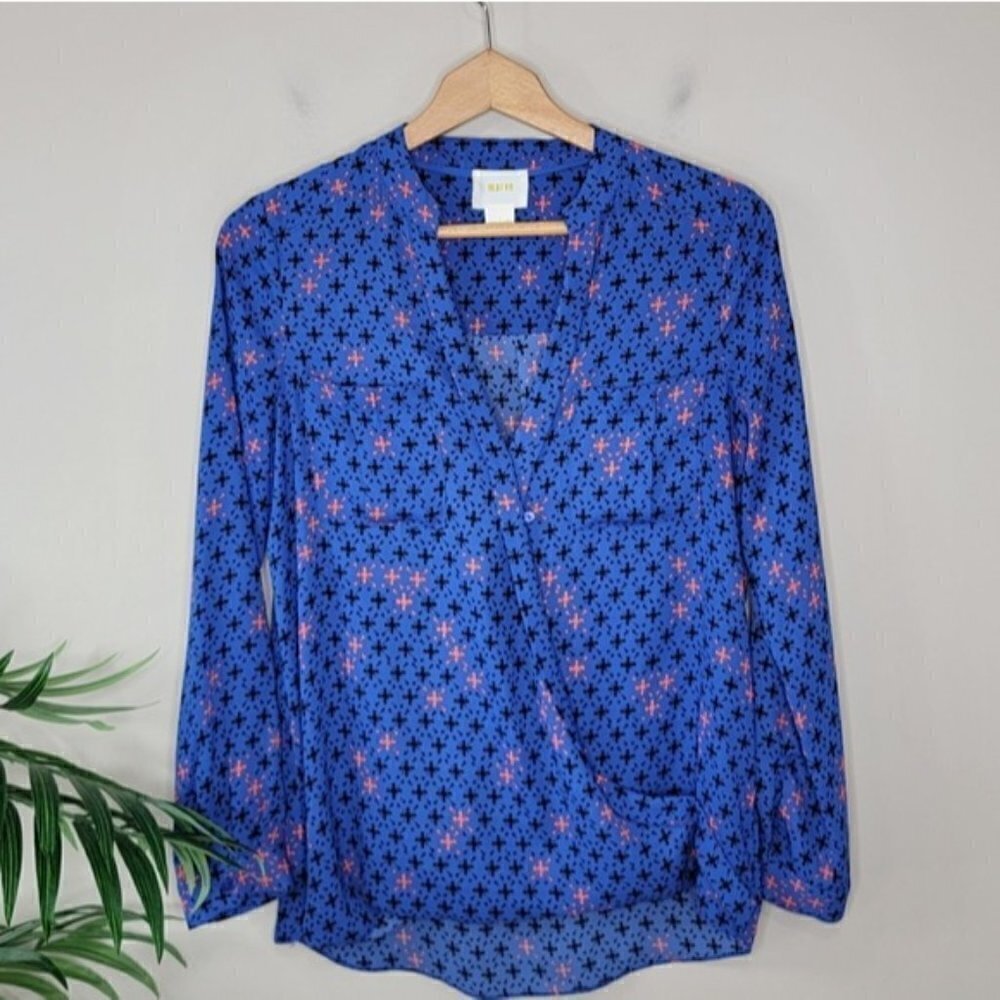 Anthropologie Maeve | Blue Wrap Front Blouse Black Coral Print Size 0